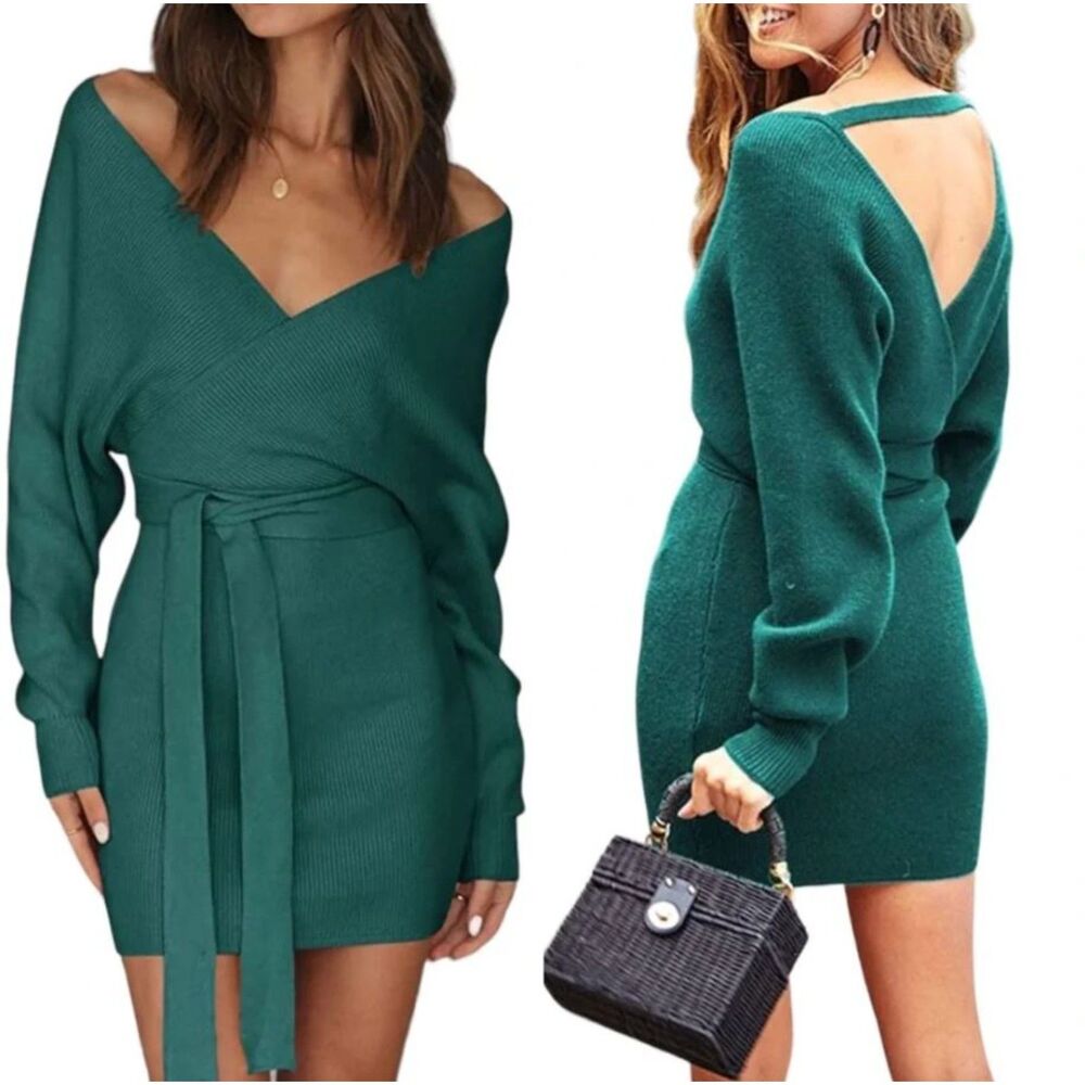 Zesica Womens sweater mini dress M L 8 fitted teal green blue wrap V-neck belted